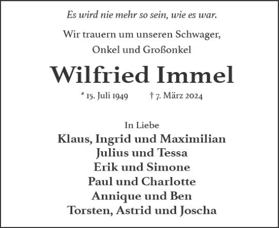 Traueranzeige von Wilfried Immel von Wiesbadener Kurier