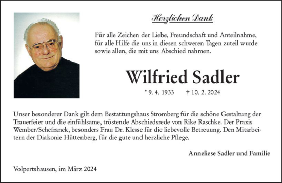 Traueranzeige von Wilfried Sadler von Wetzlarer Neue Zeitung
