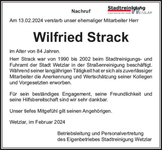 Traueranzeige von Wilfried Strack von Wetzlarer Neue Zeitung