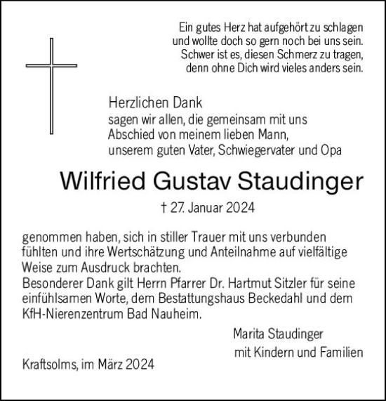 Traueranzeige von Wilfried Gustav Staudinger von Wetzlarer Neue Zeitung