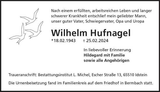 Traueranzeige von Wilhelm Hufnagel von Camberger Anzeiger