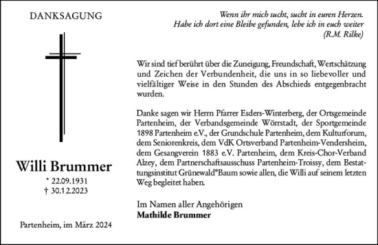 Traueranzeige von Willi Brummer von Allgemeine Zeitung Alzey
