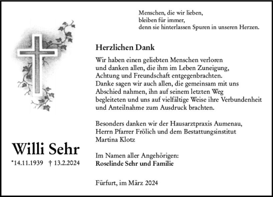 Traueranzeige von Willi Sehr von Weilburger Tageblatt