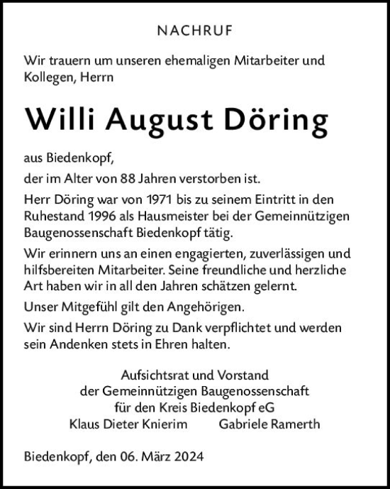 Traueranzeige von Willi August Döring von Hinterländer Anzeiger