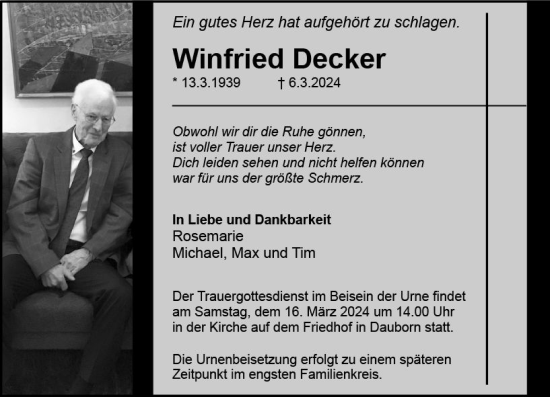 Traueranzeige von Winfried Decker von Camberger Anzeiger