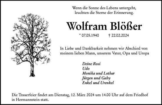 Traueranzeige von Wolfram Blößer von Wetzlarer Neue Zeitung