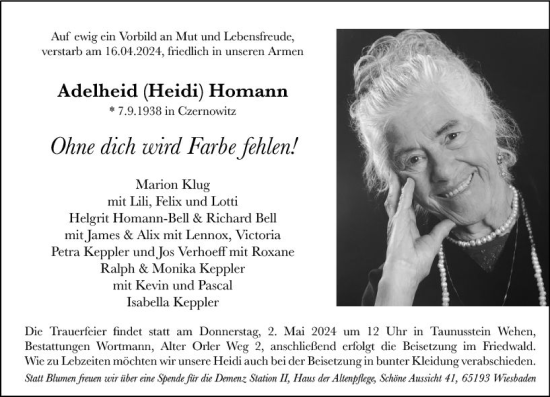 Traueranzeige von Adelheid Homann von Wiesbadener Kurier