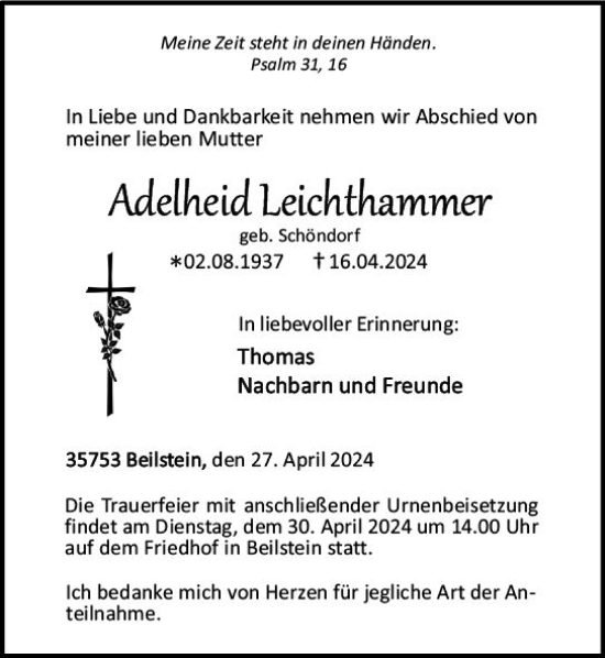 Traueranzeige von Adelheid Leichthammer von Dill Block