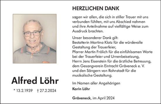 Traueranzeige von Alfred Löhr von Weilburger Tageblatt