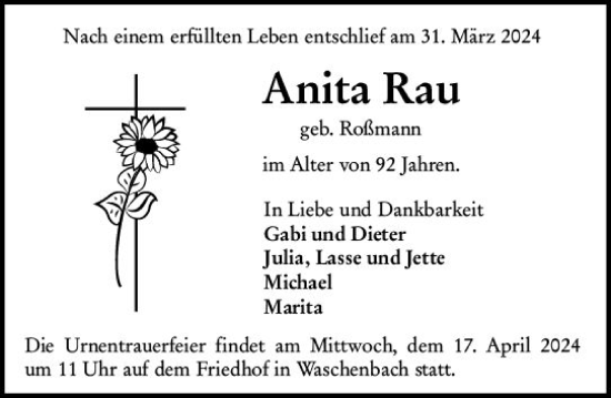 Traueranzeige von Anita Rau von Darmstädter Echo