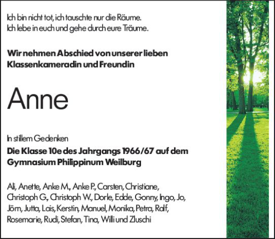 Traueranzeige von Anne  von Weilburger Tageblatt