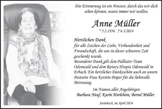 Traueranzeige von Anne Müller von Odenwälder Echo
