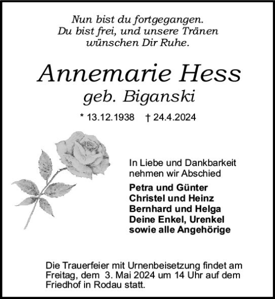 Traueranzeige von Annemarie Hess von Darmstädter Echo