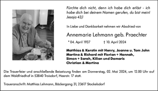 Traueranzeige von Annemarie Lehmann von Nassauische Neue Presse