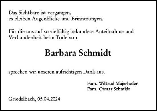 Traueranzeige von Barbara Schmidt von Wetzlarer Neue Zeitung