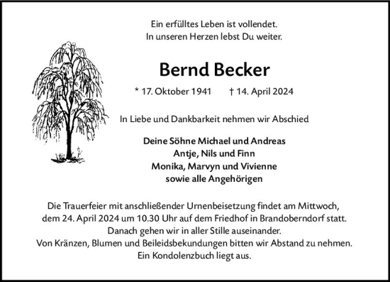 Traueranzeige von Bernd Becker von Wetzlarer Neue Zeitung