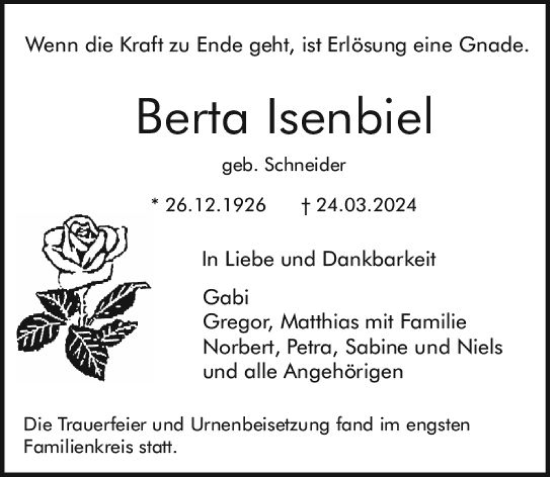 Traueranzeige von Berta lsenbiel von Darmstädter Echo
