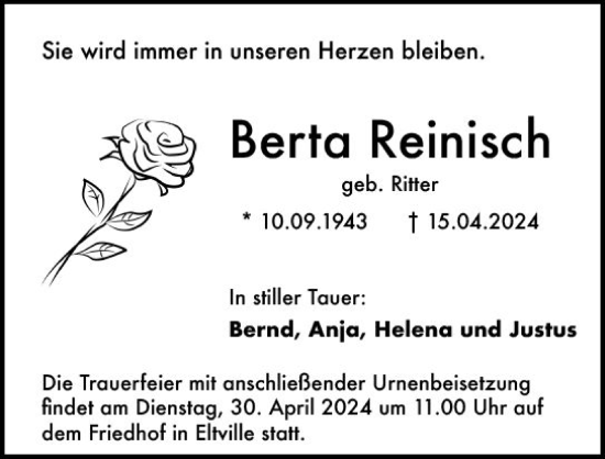 Traueranzeige von Berta Reinisch von Rheingau Kurier