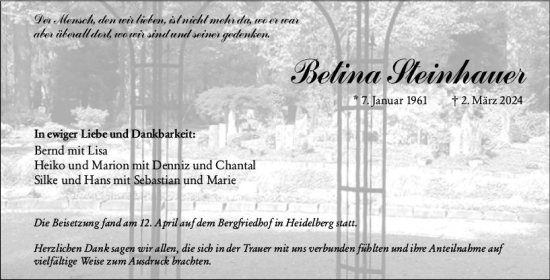Traueranzeige von Betina Steinhauer von Weilburger Tageblatt