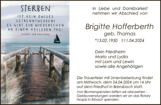 Traueranzeige von Brigitte Hofferberth von Odenwälder Echo