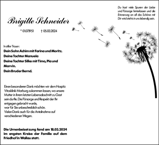 Traueranzeige von Brigitte Schneider von Hinterländer Anzeiger