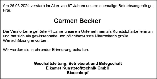 Traueranzeige von Carmen Becker von Hinterländer Anzeiger
