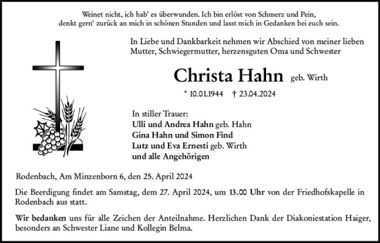 Traueranzeige von Christa Hahn von Dill Block