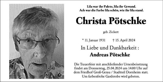 Traueranzeige von Christa Pötschke von Groß-Gerauer Echo