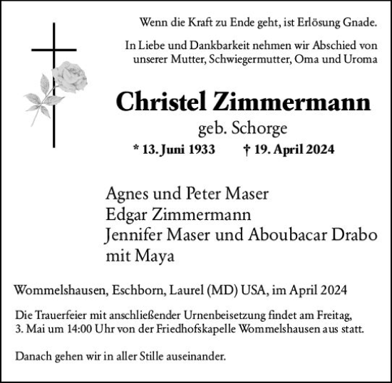 Traueranzeige von Christel Zimmermann von Hinterländer Anzeiger