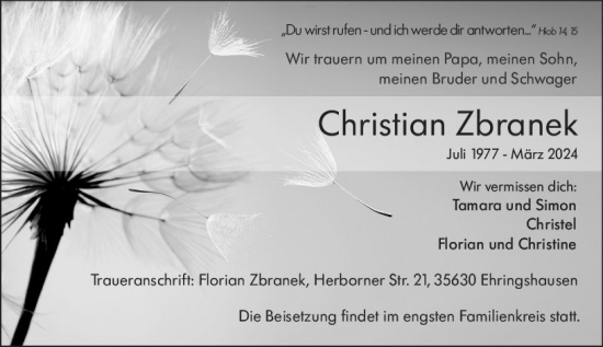 Traueranzeige von Christian Zbranek von Wetzlarer Neue Zeitung