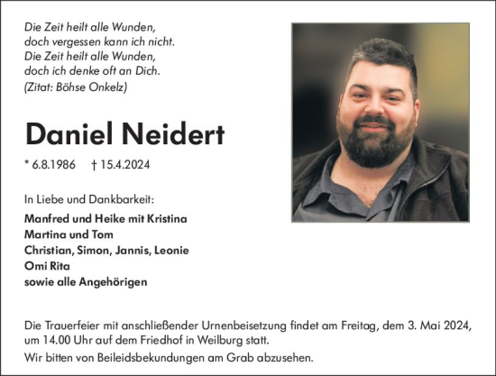 Traueranzeige von Daniel Neidert von Weilburger Tageblatt