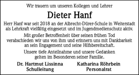 Traueranzeige von Dieter Hanf von Darmstädter Echo