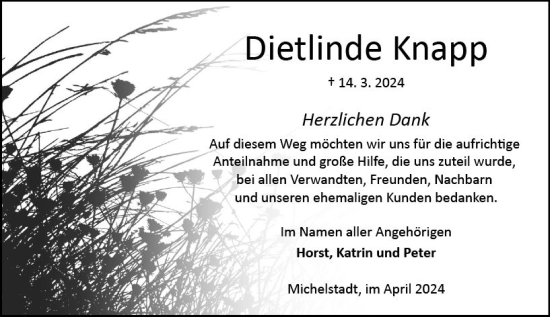Traueranzeige von Dietlinde Knapp von Odenwälder Echo