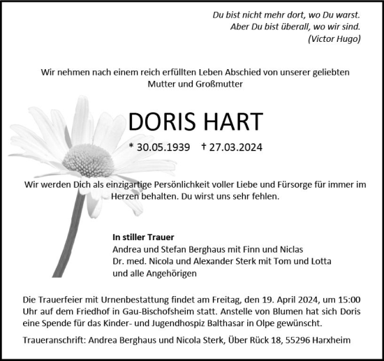 Traueranzeige von Doris Hart von Allgemeine Zeitung Mainz