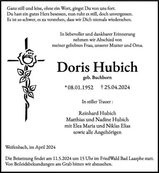 Traueranzeige von Doris Hubich von Hinterländer Anzeiger