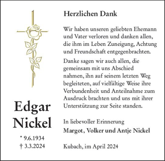Traueranzeige von Edgar Nickel von Weilburger Tageblatt