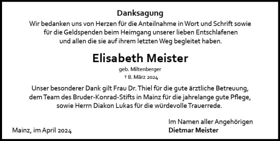 Traueranzeige von Elisabeth Meister von Allgemeine Zeitung Mainz
