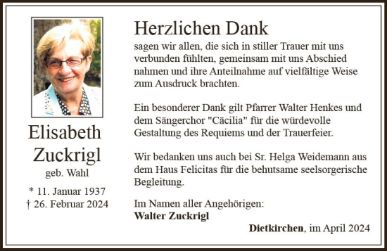 Traueranzeige von Elisabeth Zuckrigl von Nassauische Neue Presse