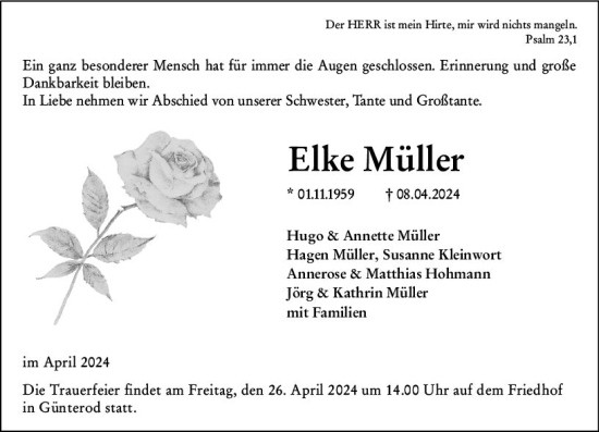 Traueranzeige von Elke Müller von Hinterländer Anzeiger