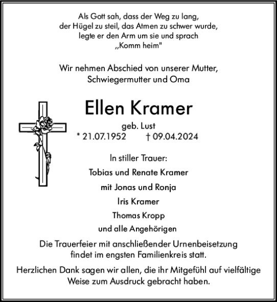 Traueranzeige von Ellen Kramer von Odenwälder Echo