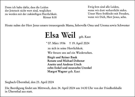 Traueranzeige von Elsa Weil von Dill Block