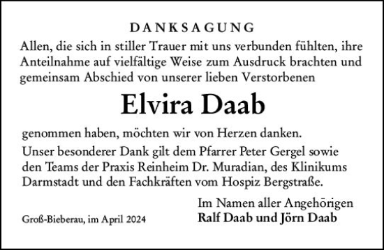 Traueranzeige von Elvira Daab von Darmstädter Echo