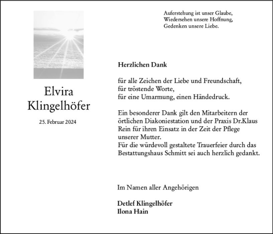 Traueranzeige von Elvira Klingenhöfer von Dill Block