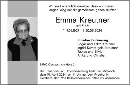 Traueranzeige von Emma Kreutner von Odenwälder Echo
