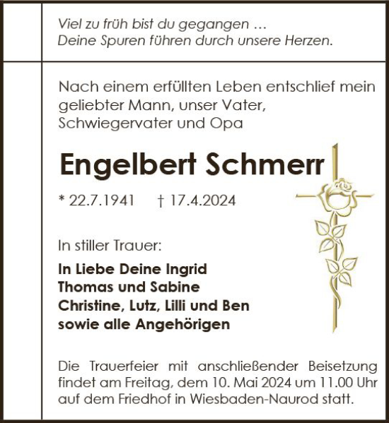 Traueranzeige von Engelbert Schmerr von Wiesbadener Kurier