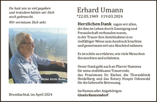 Traueranzeige von Erhard Umann von Odenwälder Echo