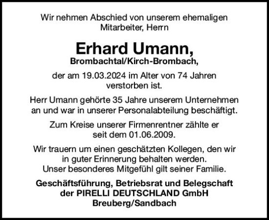Traueranzeige von Erhard Umann von Odenwälder Echo