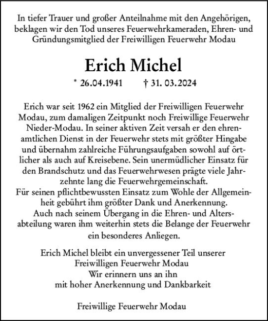 Traueranzeige von Erich Michel von Darmstädter Echo