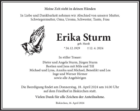 Traueranzeige von Erika Sturm von Weilburger Tageblatt