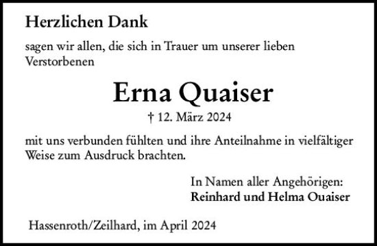 Traueranzeige von Erna Quaiser von Darmstädter Echo